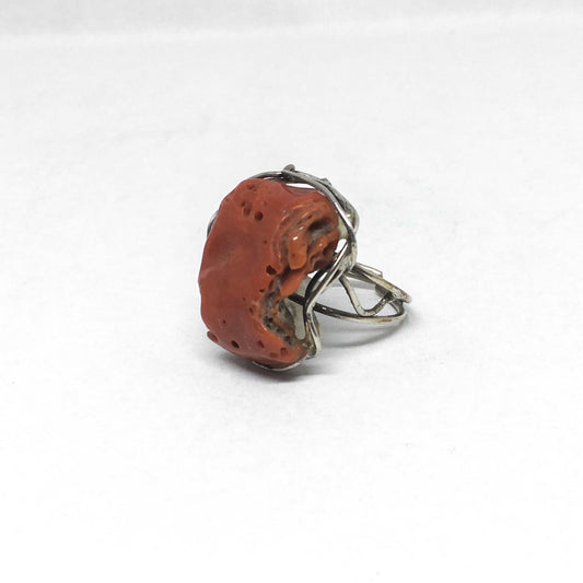 Red coral and silver ring